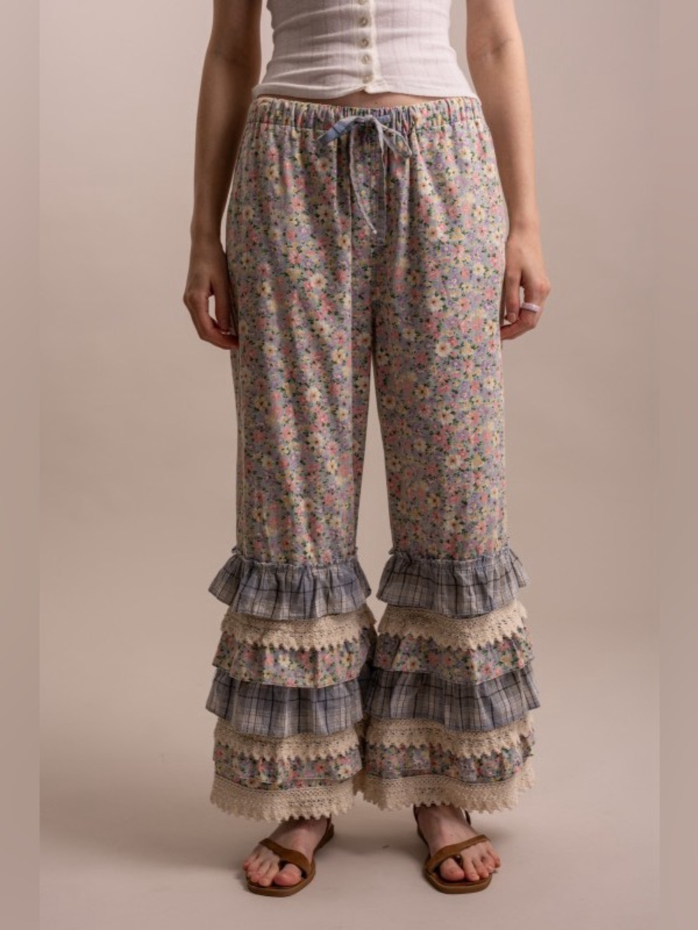 Bluevelvet washed blue floral embroidered patchwork ruffle bohemian boho pant - Picture 2 of 4